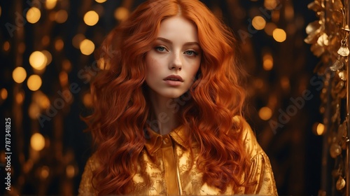 red head girl gold theme fashion generation-z influencer posing for ad product promotion from Generative AI