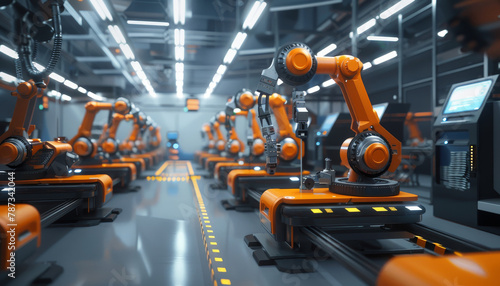 A factory with many robots in orange by AI generated image