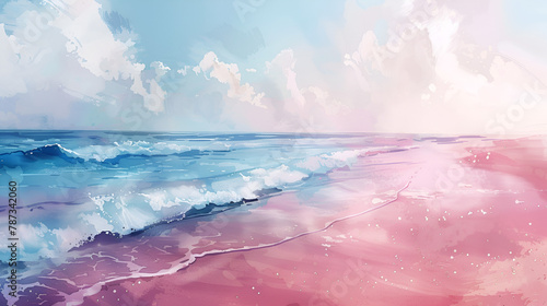 Realistic Sea beach background in watercolor style pink, generative Ai © Zoya