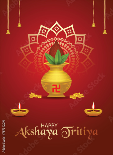 happy Akshaya Tritiya also known as Akti or Akha Teej vector poster golden kalash with coconut and mango leaf