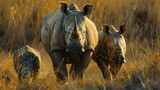 White Rhinos Family in the Grassland