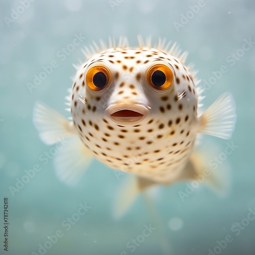 Serene underwater dance of a spotted pufferfish in a tranquil ocean abyss