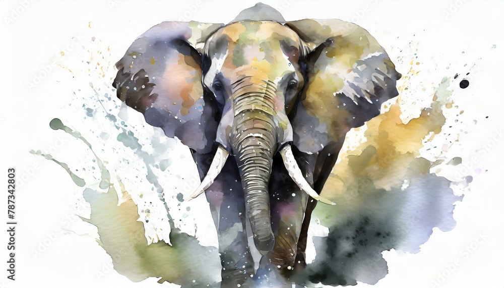 enchanting elephant in a stunning watercolor portrayal. The artwork comes to life with expressive splashes of watercolor paint.Png.Isolated - obrazy, fototapety, plakaty 