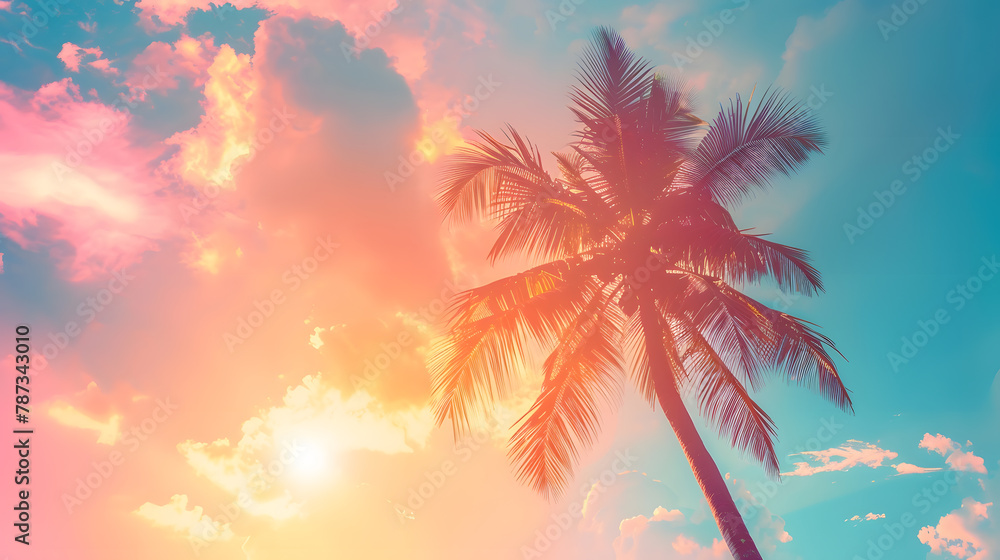 Copy space of silhouette tropical palm tree with sun light on sunset sky and cloud abstract background Summer vacation and nature travel adventure concept Vintage tone filter effect co : Generative AI Copy space of silhouette tropical palm tree with sun light on sunset sky and cloud abstract background Summer vacation and nature travel adventure concept Vintage tone filter effect co : Generative AI