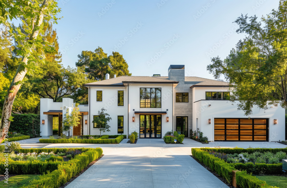 A white craftsman style home with large windows and black trim. An ...