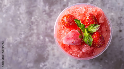 Strawberry Slushie in disposable plastic cup top view Sweet shaved ice Spanish fruit granizado Refreshing summer drink Selective focus copy space : Generative AI photo