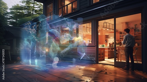 an image where AI-generated artists use augmented reality to add layers of interactive digital art to a house s exterior  creating an immersive experience