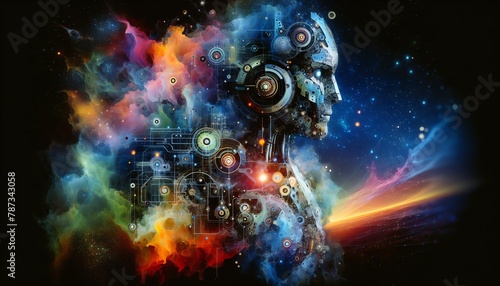 Fantasy Abstract of Robot with Colorful Splash Painting