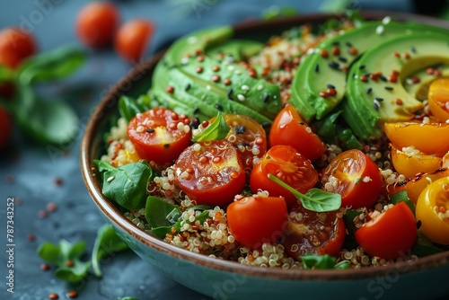 Nutritious Shot  Genre Salads  Emotion Healthy  Scene A bowl of quinoa salad with avocado and cherry tomatoes  