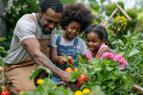 black family enjoying gardening. Afro, Caribbean, dad, daughters, lifestyle outdoors, togetherness