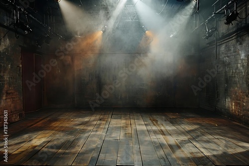 An empty stage with dramatic lighting, spotlights beaming down through haze, wooden flooring