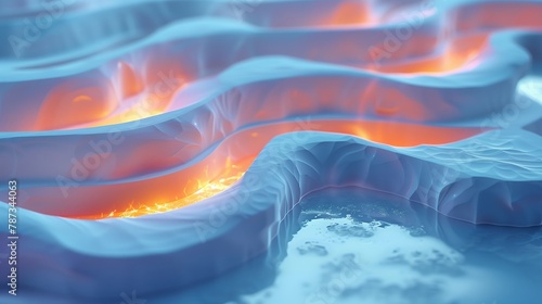 A close up of a set of multileveled platorms made of white clay, curving seamessly and flawlessly, illuminated by blue and orange lights in seamless transitions. Generated by artificial intelligence. photo