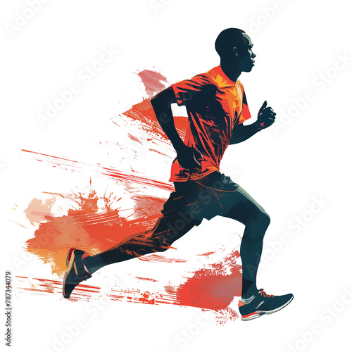 Cut out black man athlete marathon runner wearing sportswear in motion, red paint brushstroke and splashes effect.