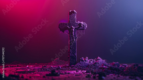 Cross of ashes on a dark purple background with copy space : Generative AI