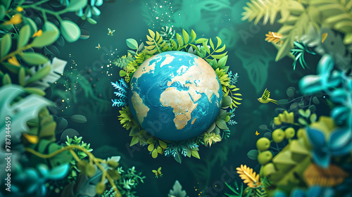 Ecosystem concept featuring a globe surrounded by interconnected ecosystems