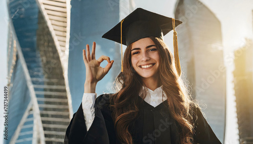 Ragazza laureata sorride facendo ok con la mano