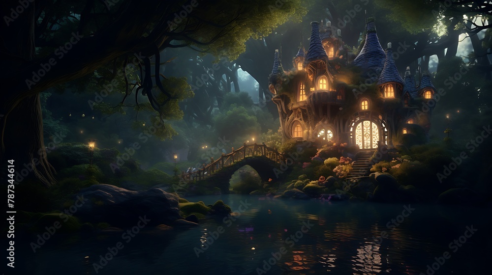a digital artwork where a house transforms into an enchanted forest, with AI artists responsible for the magical transition