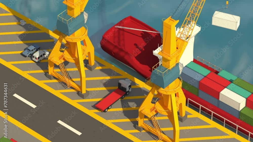 Truck deliver container, crane upload goods to cargo vessel 4k ...