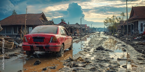 town coved with mud after big rain and floods, climate change crisis and extreme weather concept, Generative Ai photo