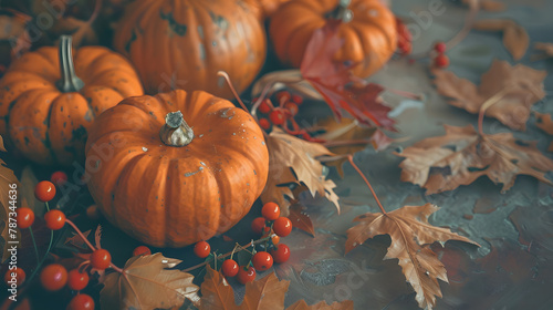 Festive autumn decor of pumpkins berries and leaves Halloween or Thanksgiving concept with copy space : Generative AI