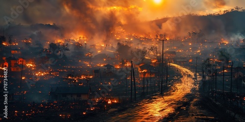 town burning by wildfire with flame black cloud and smoke, climate change crisis and extreme weather concept, Generative Ai photo