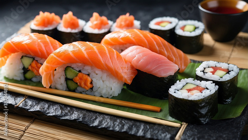 sushi rolls and nigiri sushi with salmon 14