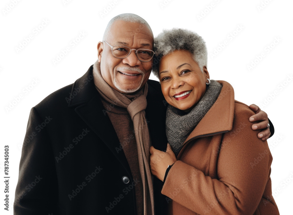 PNG  Happy black senior couple wearing a winter jacket laughing portrait scarf. 