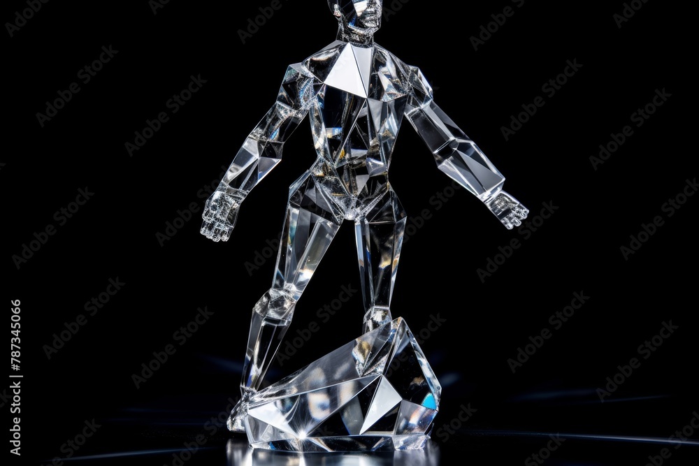 An isolated diamond statue which is designed like a muscular man, exhibiting in a white room in the most perfect position correctly so that the visitors can see it clearly. Generative AI. An isolated diamond statue which is designed like a muscular man, exhibiting in a white room in the most perfect position correctly so that the visitors can see it clearly. Generative AI.