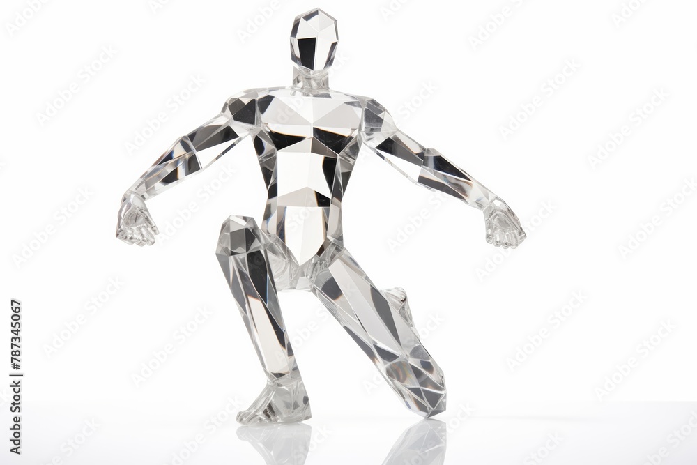 An isolated diamond statue which is designed like a muscular man, exhibiting in a white room in the most perfect position correctly so that the visitors can see it clearly. Generative AI. An isolated diamond statue which is designed like a muscular man, exhibiting in a white room in the most perfect position correctly so that the visitors can see it clearly. Generative AI.