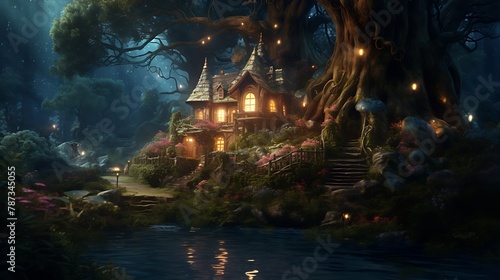 a digital artwork where a house transforms into an enchanted forest  with AI artists responsible for the magical transition