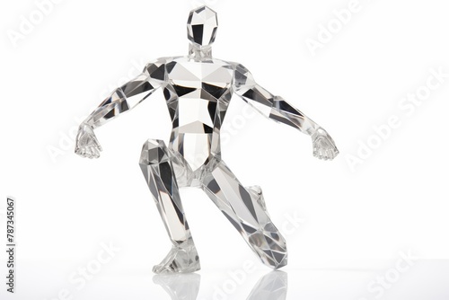 An isolated diamond statue which is designed like a muscular man  exhibiting in a white room in the most perfect position correctly so that the visitors can see it clearly. Generative AI.