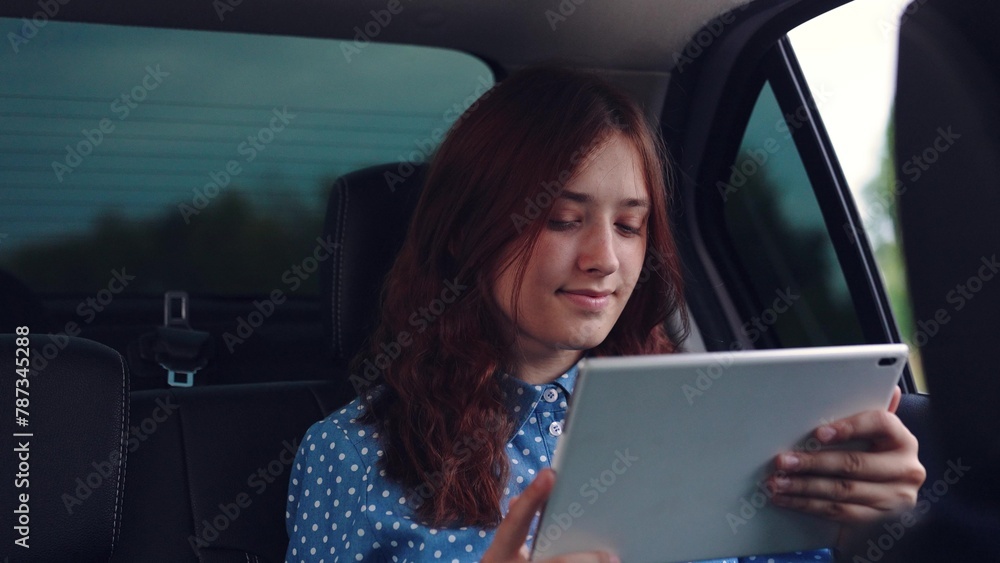 girl tablet car face smile window, young woman tablet, holiday distance learning, digital learning journey, relaxed holiday study, window seat view, remote education travel, digital student traveler