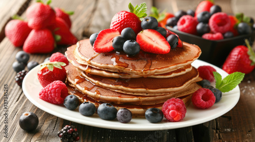 Stack of pancakes topped with strawberries, blueberries, and raspberries