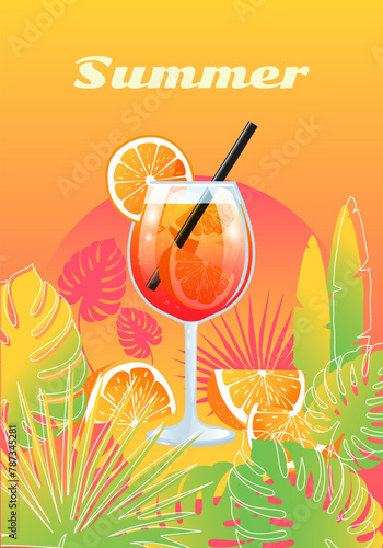 Summer vector illustration with glass of orange drink and tropical leaves on colorful gradient background for card, banner, poster