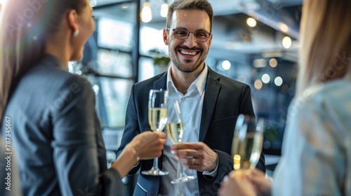 A person receiving a promotion at work, celebrating with colleagues and champagne. 
