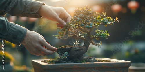 Precise and diligent hands delicately pruning and shaping a bonsai tree, showcasing meticulous care in gardening photo