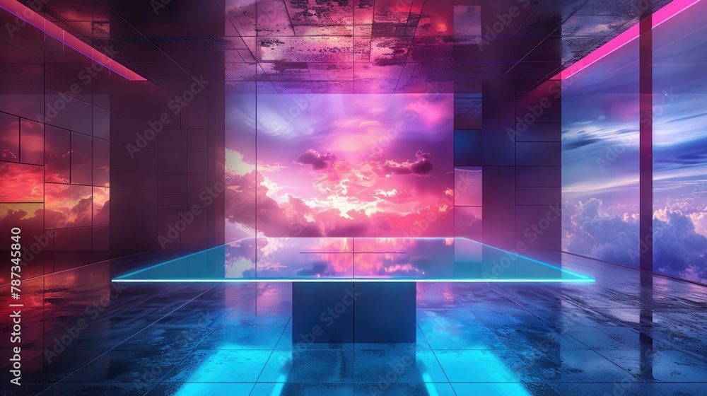 Glass table and LCD backdrop in a television studio setting digitally created image Glass table and LCD backdrop in a television studio setting digitally created image