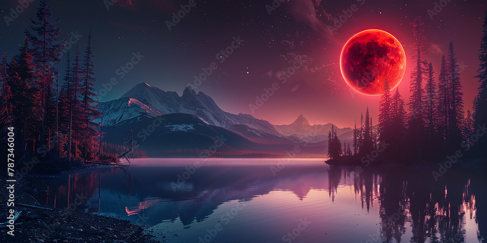 Lake landscape with a red moon, 4k wallpaper AI-generated Image
