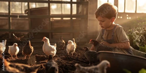 Serene rural scene of a young child feeding a flock of chickens on an idyllic farm during golden hour sunlight photo