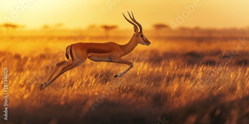 Majestic impala antelope in full sprint across a golden plains at sunset, showcasing natural agility and freedom