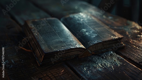 Old open book on an old wooden table