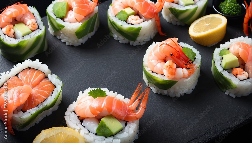 sushi rolls with salmon and shrimp on black table sushi rolls with salmon and shrimp on black table