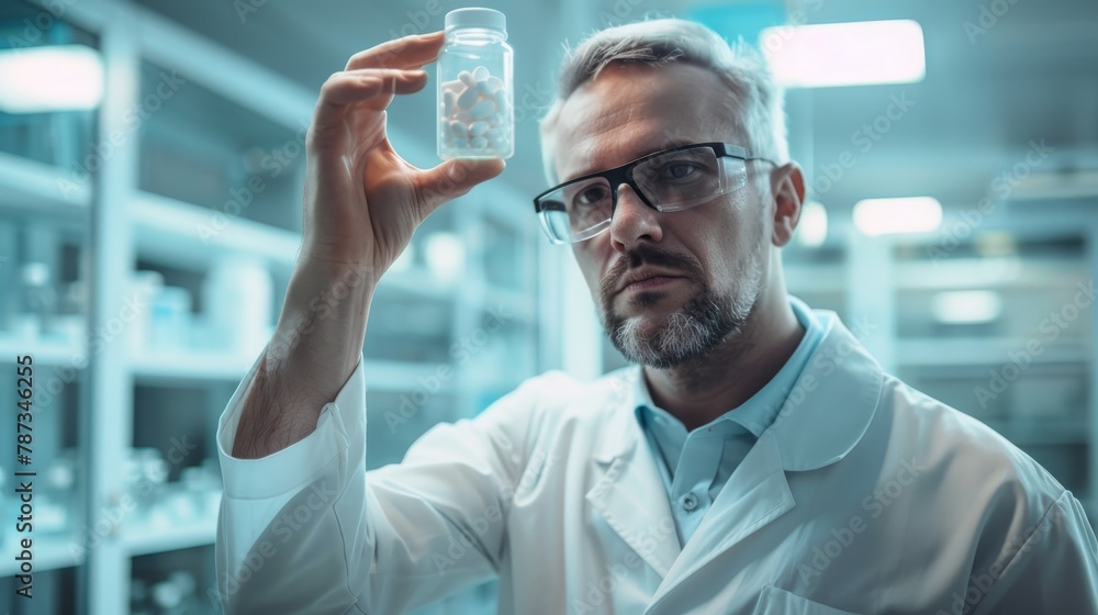 A focused male scientist examining a bottle of pills in a laboratory setting, reflecting pharmaceutical research and medical analysis. A focused male scientist examining a bottle of pills in a laboratory setting, reflecting pharmaceutical research and medical analysis.