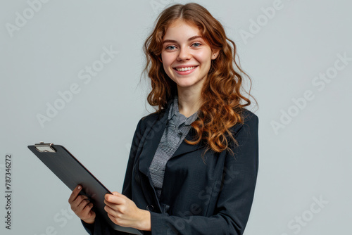 Smiling confident caucasian young businesswoman auditor writing on clipboard, signing contract document isolated in white background . photo on white isolated background