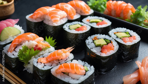 sushi rolls with salmon and shrimp on black table