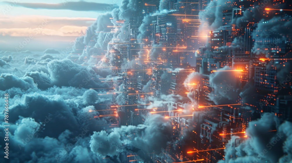 A cityscape with a lot of smoke and fire in the sky. The sky is filled with clouds and the buildings are lit up with orange and red lights. Scene is chaotic and intense, with the fire