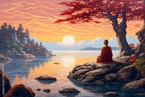 A man sits on a rock overlooking a body of water.