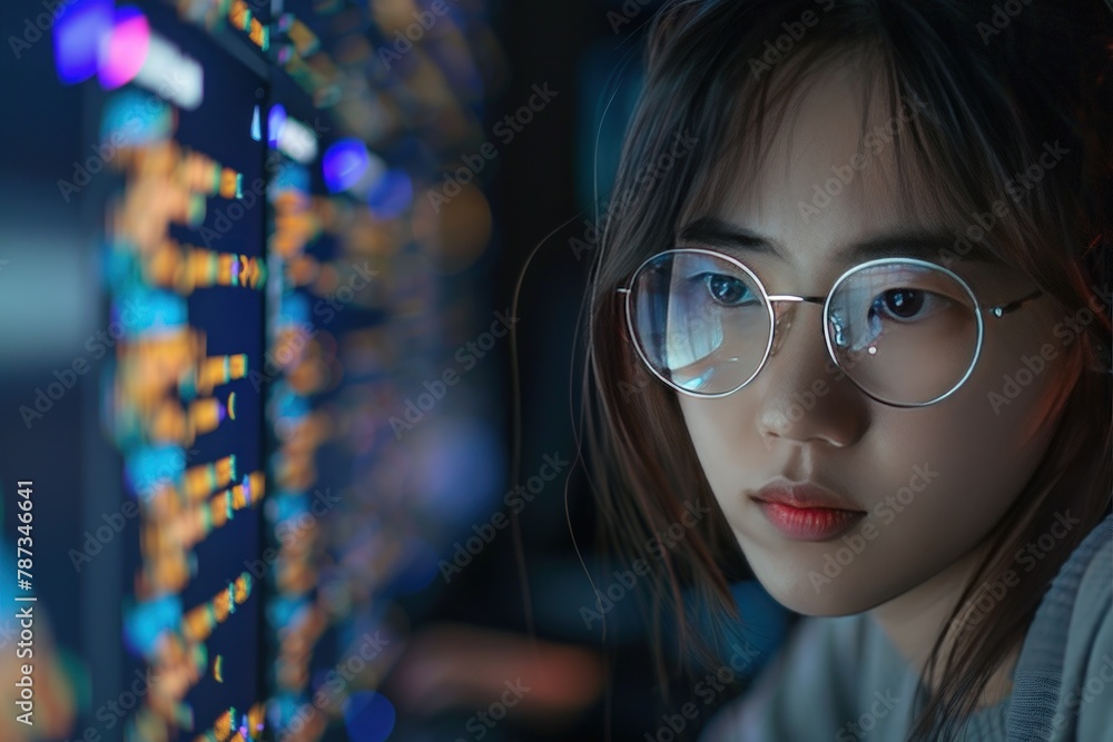 Asian female programmer in glasses working at the chart screen. Generate AI image Asian female programmer in glasses working at the chart screen. Generate AI image