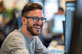 smiling IT Specialist at work, in the style of bokeh panorama