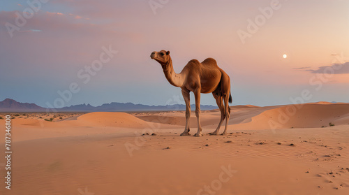 a solitary camel standing in the serene expanse of a desert with smooth sand dunes under a pastel-hued sky at sunset or sunrise  creating a peaceful and picturesque scene